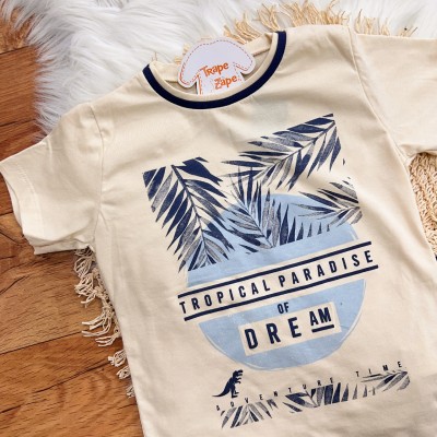 Conj. Camiseta Tropical Paradise e Bermuda em Moletinho - Creme e Marinho